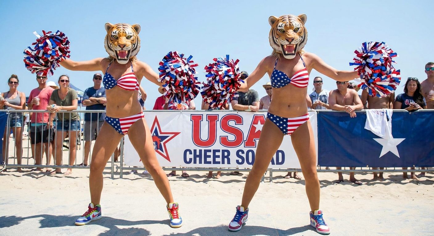Dos animadoras con máscaras de tigre y atuendos de EE. UU. en la playa, evocando la energía y diversión de Tiger Gaming.