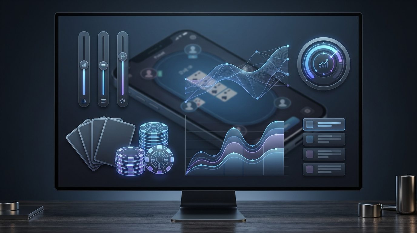 Pantalla con app de poker, cartas, fichas y gráficos de datos. Esencial para Action, Tax y Rebate en apps de poker.