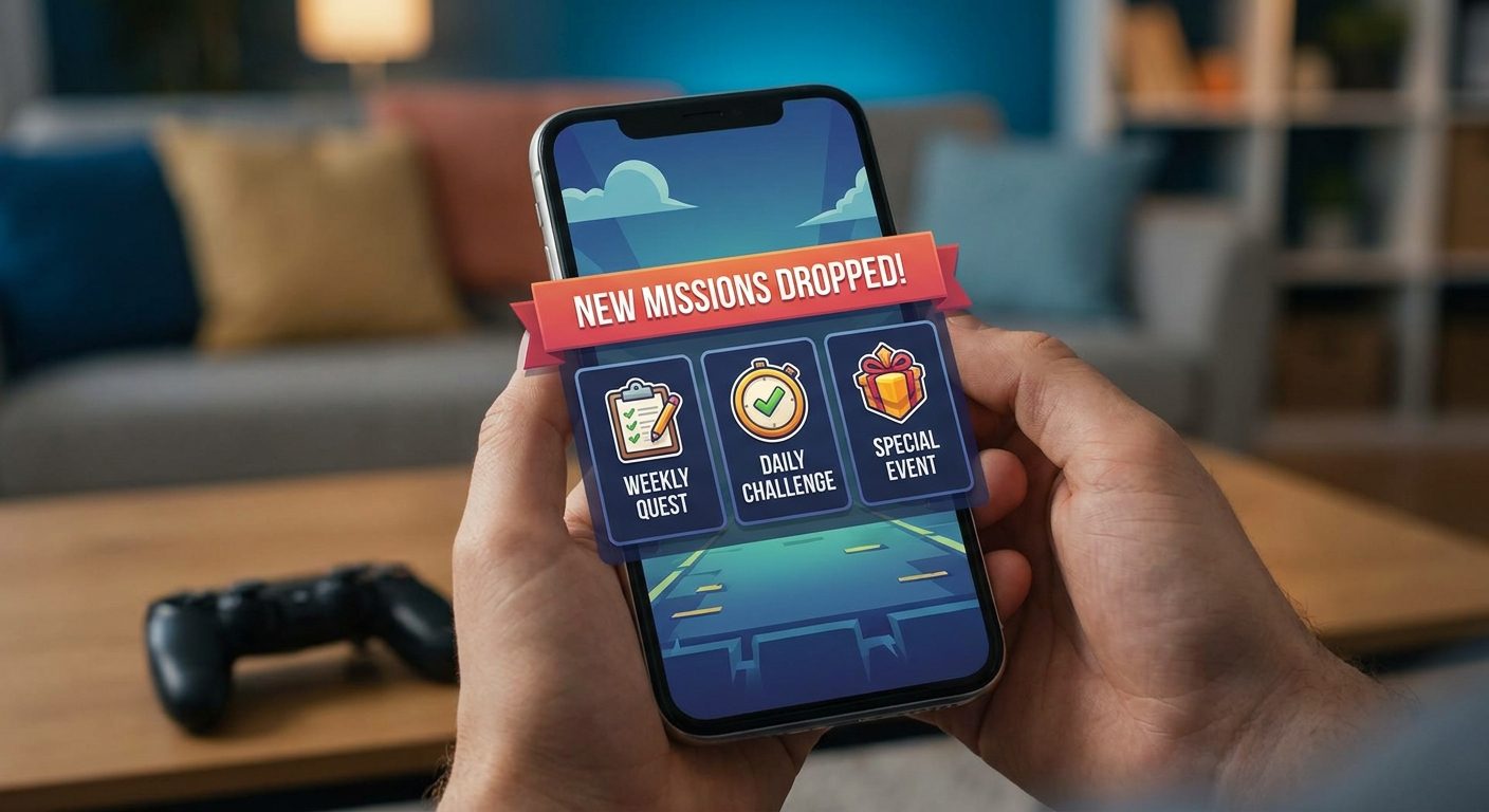 Manos sujetando smartphone con un juego móvil que muestra 'Nuevas misiones', 'Misión semanal', 'Desafío diario' y 'Evento especial'.