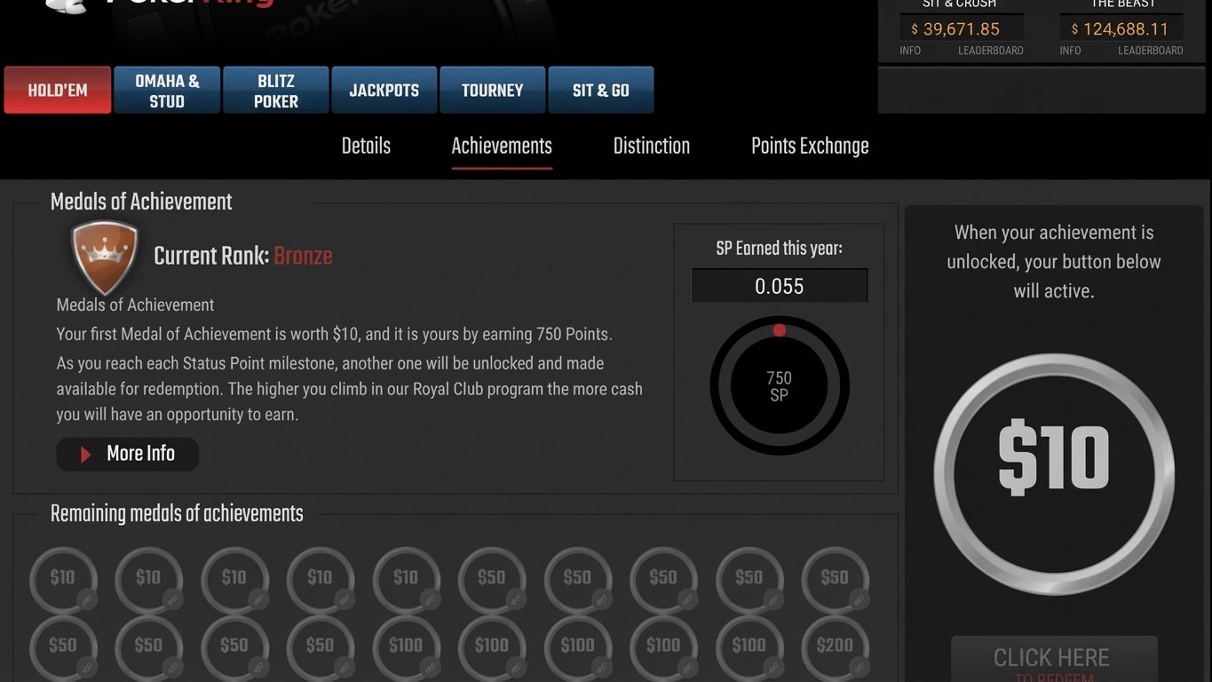 Detail of PokerKing Royal Club program achievements: Medals, Bronze rank and SP progress for $10 rakeback.