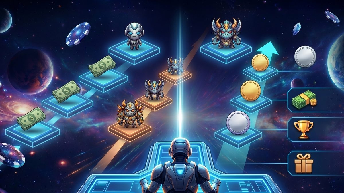 Juego Star Raid PokerPlanets: progresión de rakeback con monstruos, dinero y recompensas en el espacio.