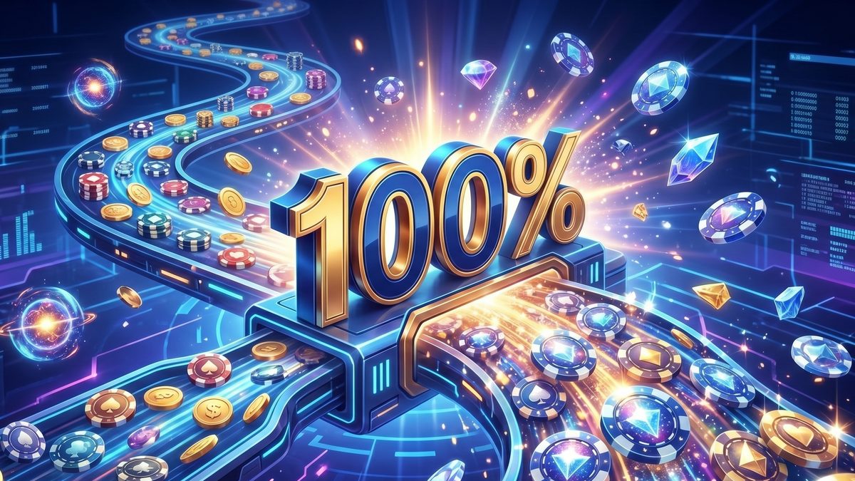 100% Rakeback en PokerPlanets. Fichas de póker y monedas doradas en un circuito digital luminoso.