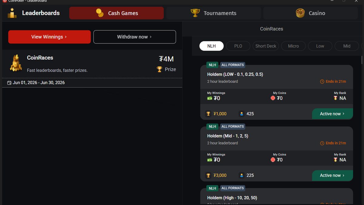 Dashboard de CoinRaces mostrando rankings de cash game