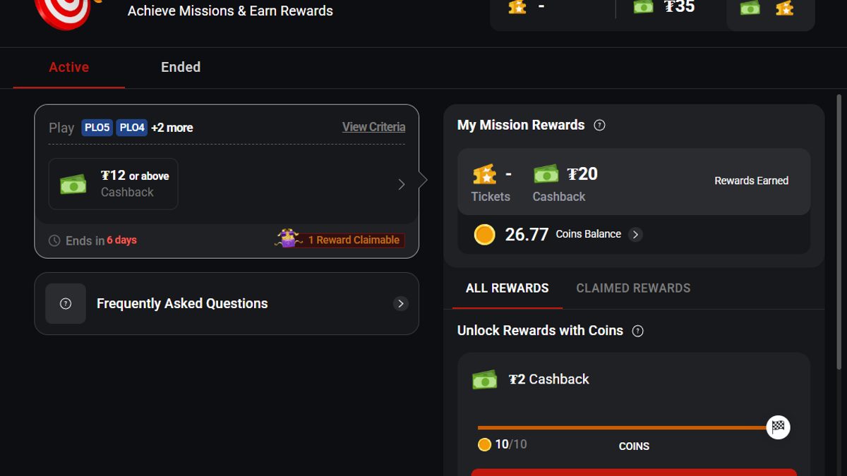 Dashboard de Missions mostrando progresso e recompensas desbloqueadas