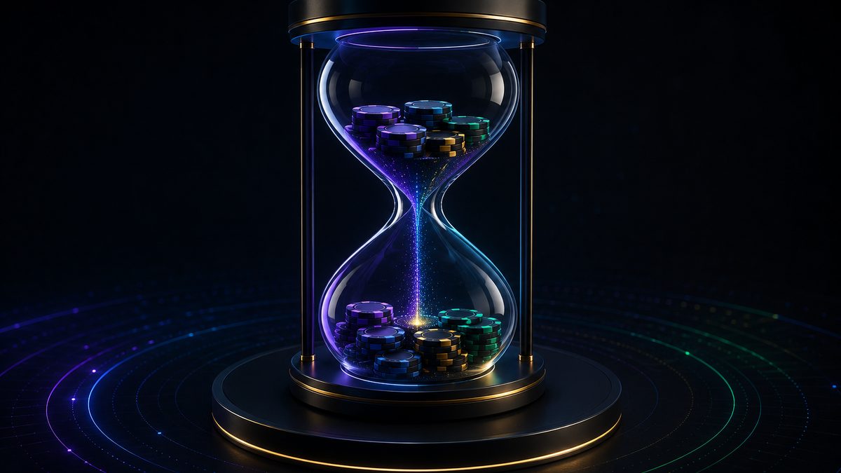 Futuristic hourglass with poker chips, representing time management and MTT poker tournament strategy