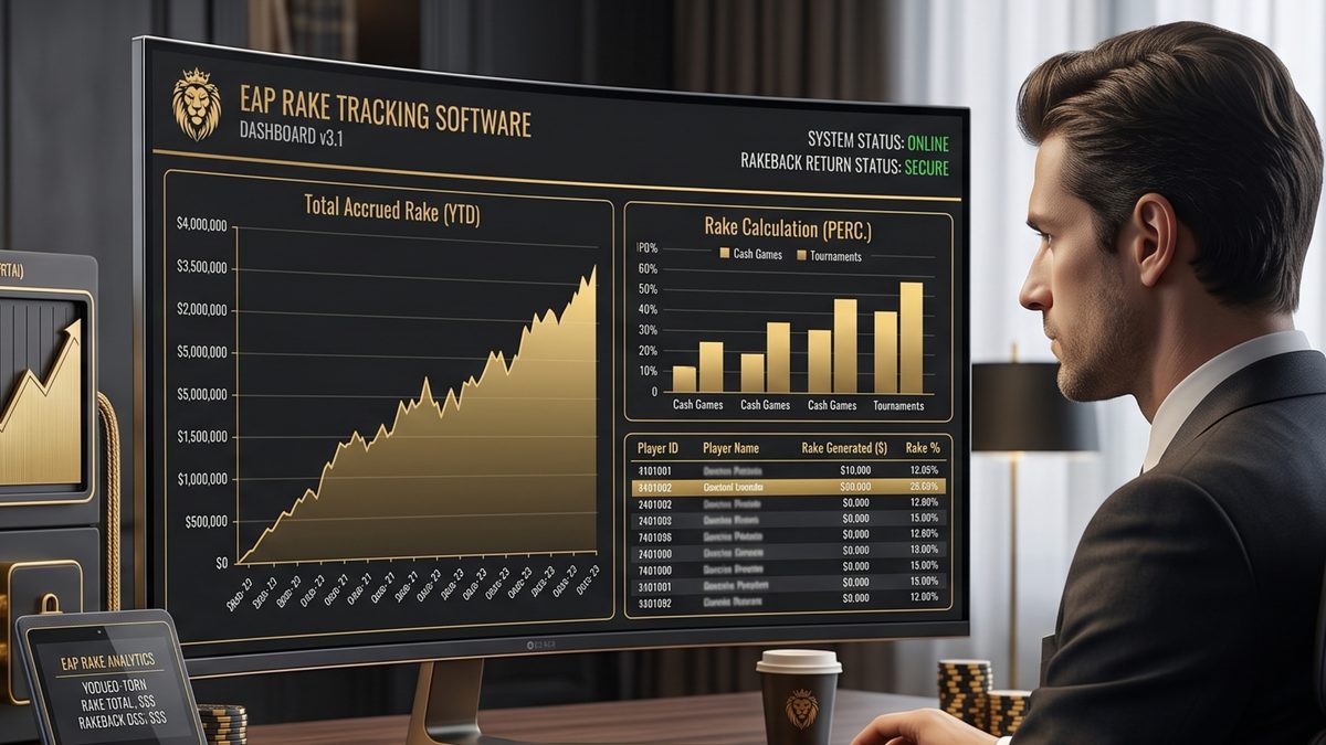 Guía rake poker: Hombre usa software de seguimiento de rake con datos, gráficos y porcentajes para jugadores.