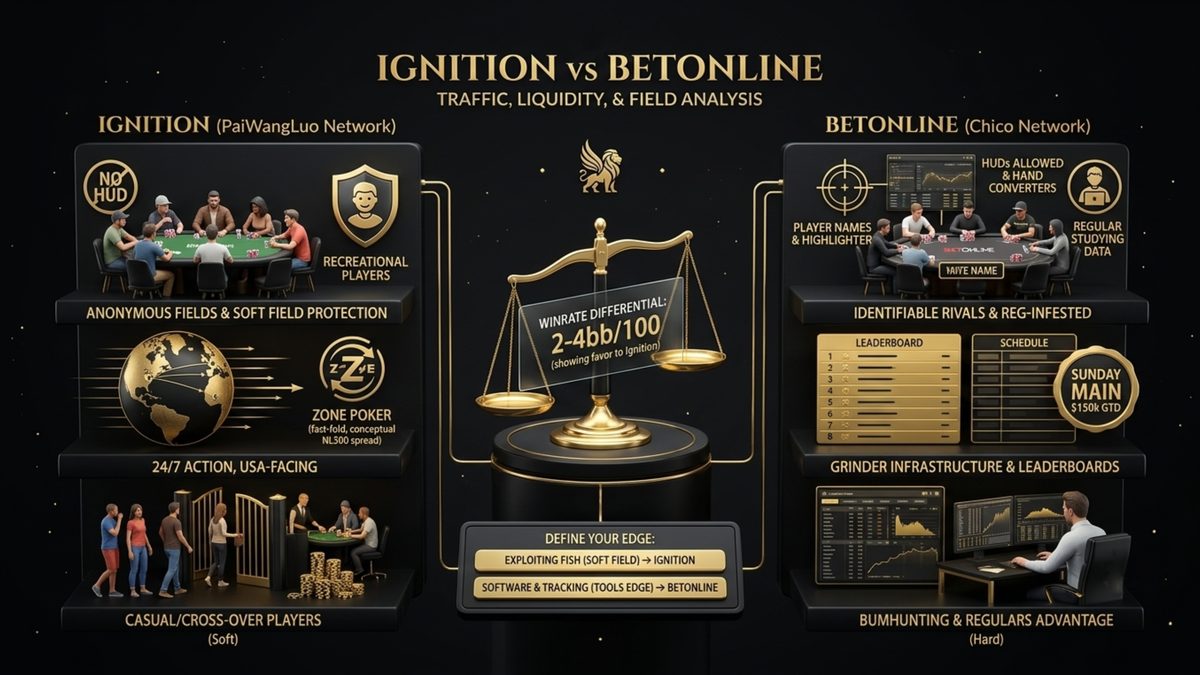 Infografía: Comparativa Ignition vs BetOnline Poker (2026) sobre tráfico, jugadores y ventaja de winrate en salas USA.