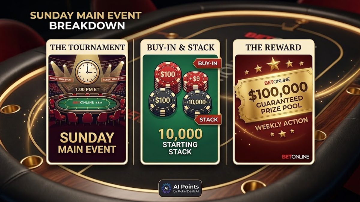 BetOnline Torneo Principal Dominical de póker. Buy-in $109, stack 10,000, pozo garantizado $100,000. Cada domingo 1 PM ET.