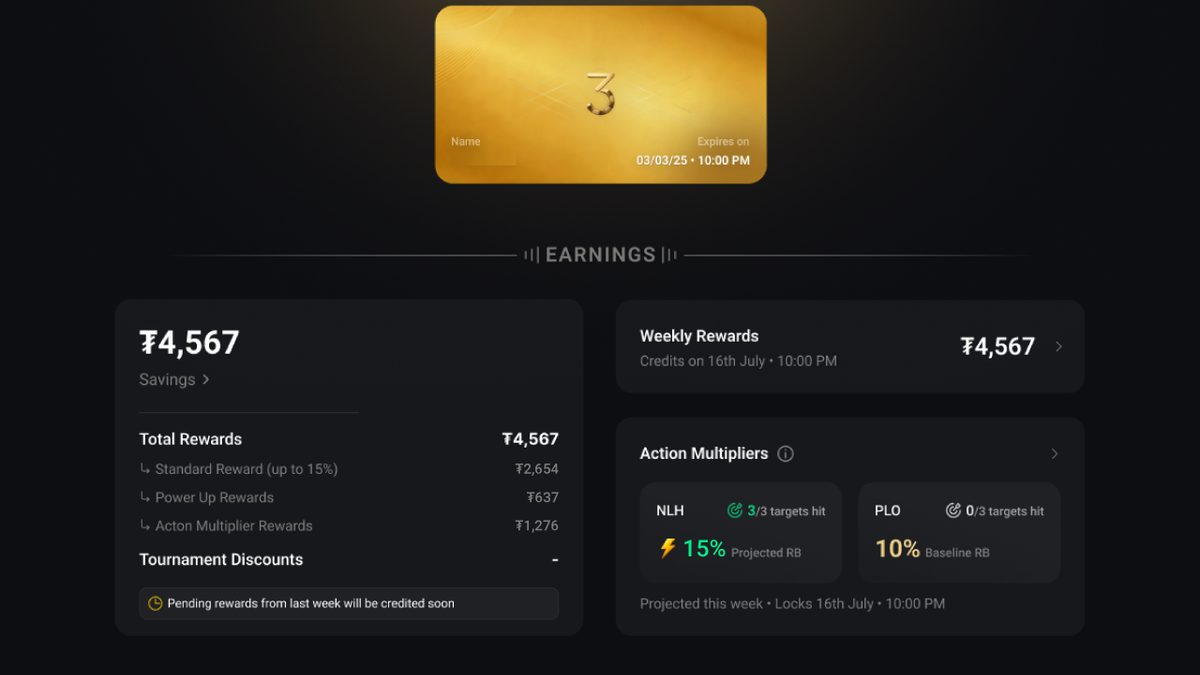 Panel de Earnings del 3-Bet Club de CoinPoker con balance acumulado y desglose de recompensas