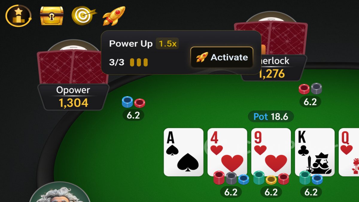 Botón de Power Up 1.5x activo sobre la mesa de juego en CoinPoker