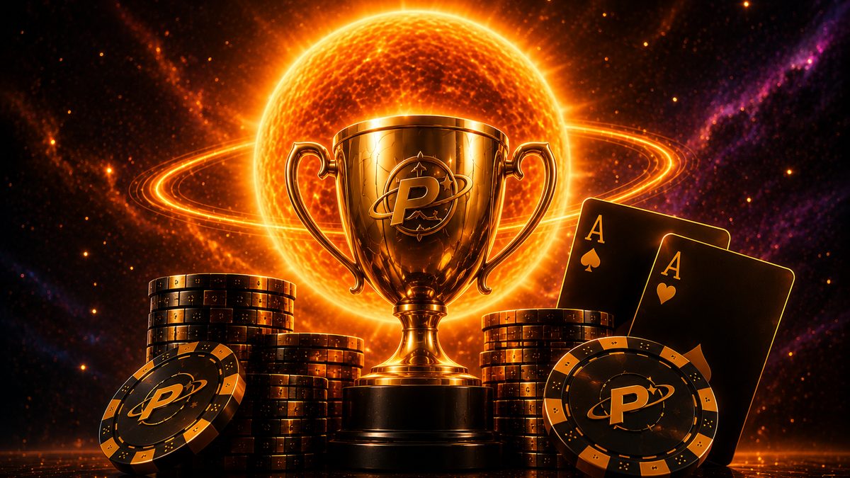 Imagen de Sun Lite Cup PokerPlanets: trofeo, fichas y ases de póker ante un sol brillante. Torneo con 100% rakeback.