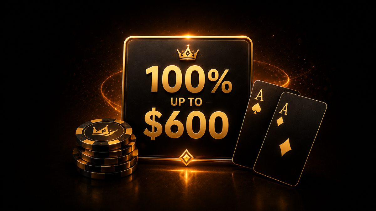 BetKings Welcome Bonus y MATCH BONUS. Fichas de casino y cartas de póker. Bono de depósito con corona dorada.