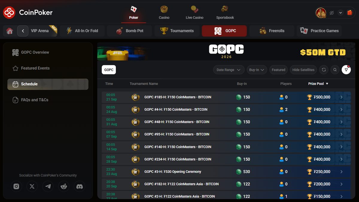 CoinPoker GOPC 2026: programación de torneos con $50M garantizados. Fechas, buy-ins y premios.
