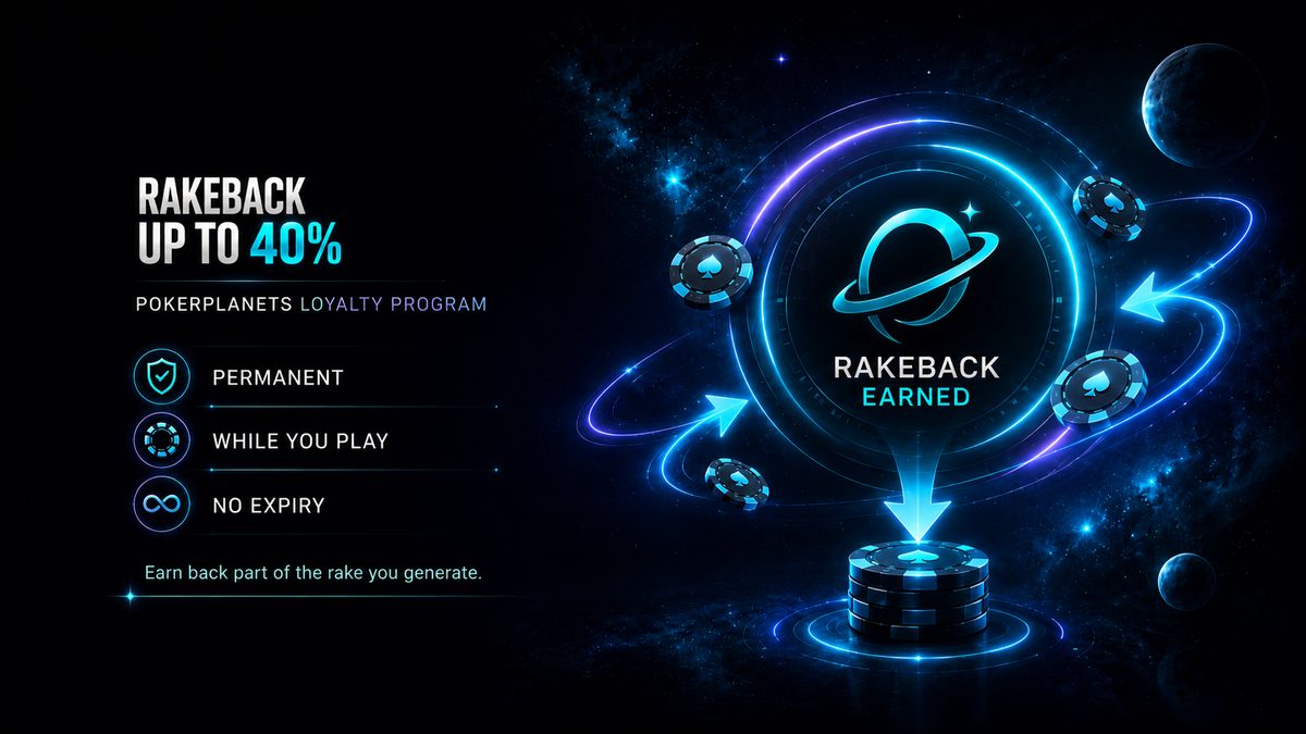 Anuncio de PokerPlanets: programa de fidelidad Rakeback hasta 40%, permanente, mientras juegas, sin caducidad. Fichas de poker.