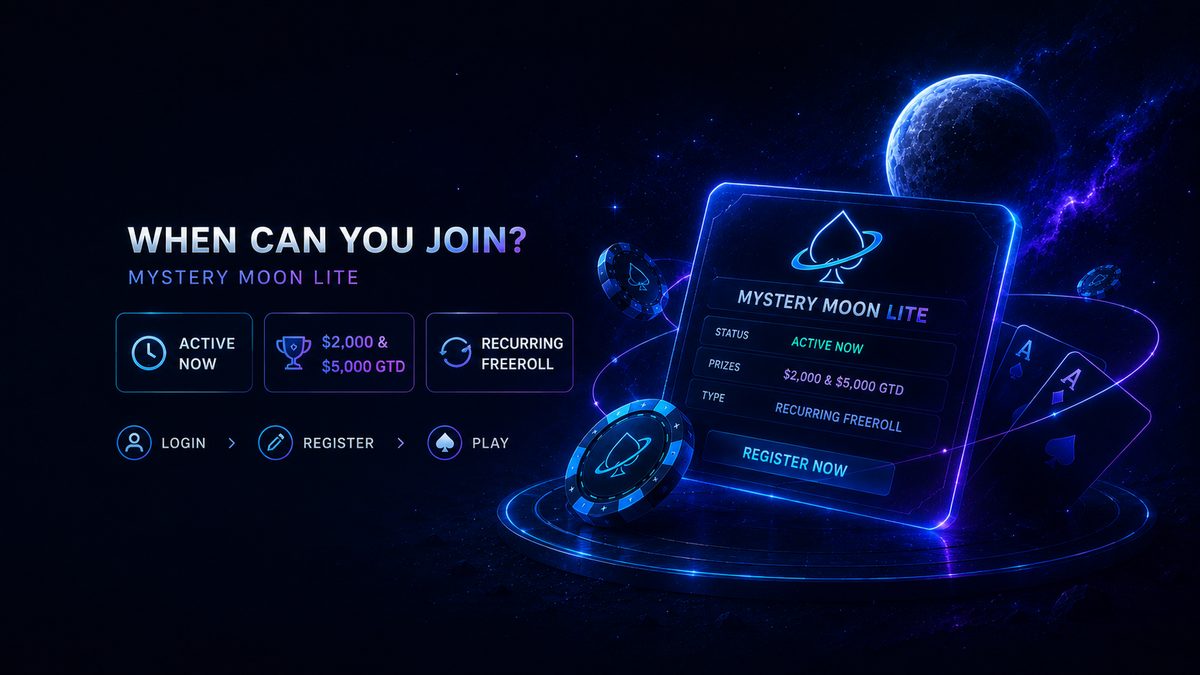 Freeroll Mystery Moon Lite en PokerPlanets: activo, con premios de $2.000 y $5.000 GTD. Regístrate y juega ahora.