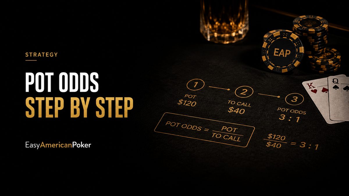 Estrategia de Pot Odds en póker paso a paso: cálculo de probabilidades con ejemplo, fichas y cartas.
