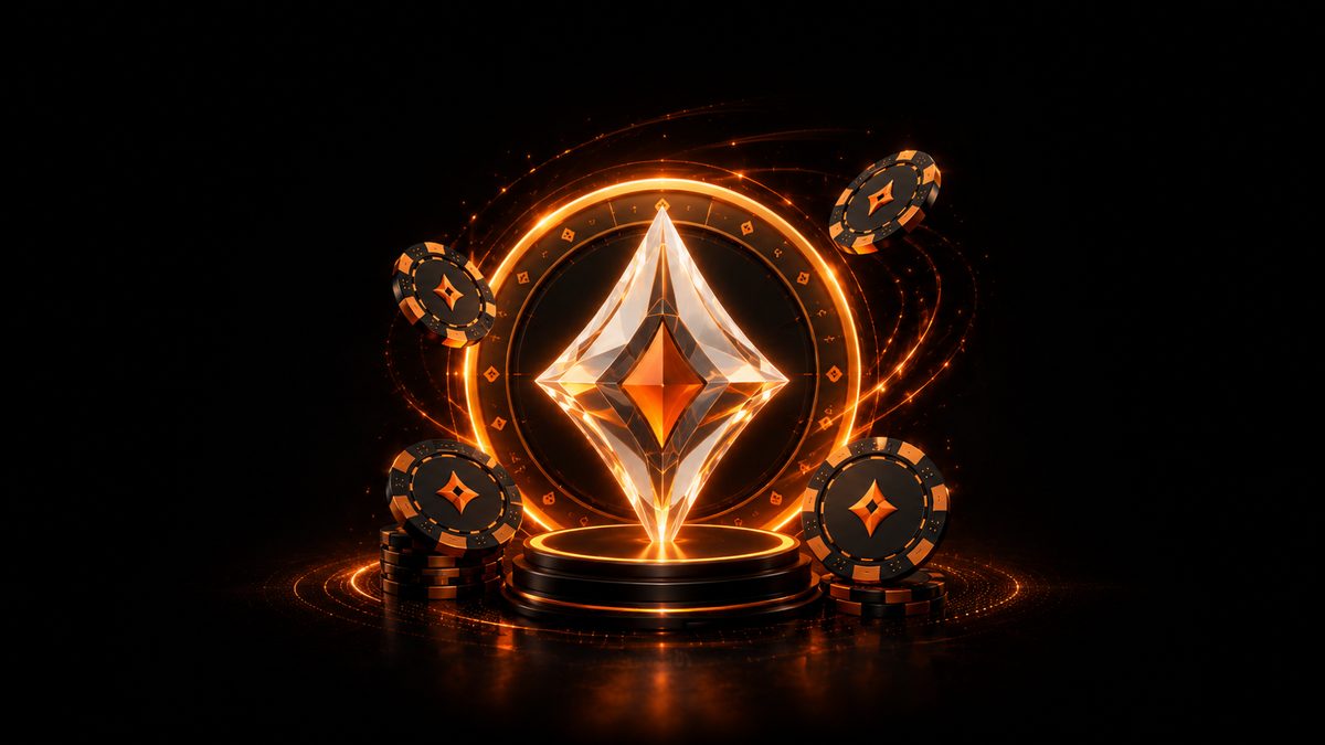 Diamante luminoso y fichas de póker Partypoker SPINS con brillo dorado, concepto de lealtad y recompensas.
