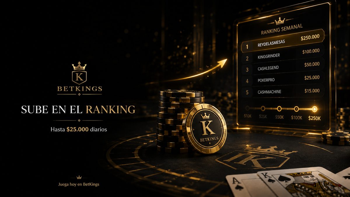 Póster de BetKings con el ranking semanal y diario de Cash Game King, mostrando premios y fichas de póker.