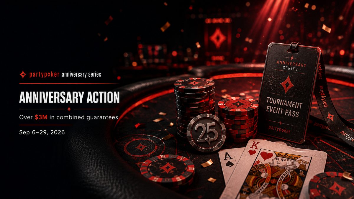 partypoker Anniversary Series: fichas, cartas, pase de evento en mesa de póker. $3M en garantías. Celebrando 25 años.