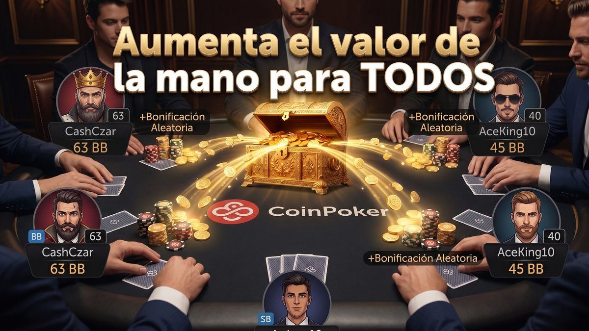 CoinPoker Splash Pots: jugadores en mesa de poker con cofre del tesoro que 'Aumenta el valor de la mano para TODOS'.