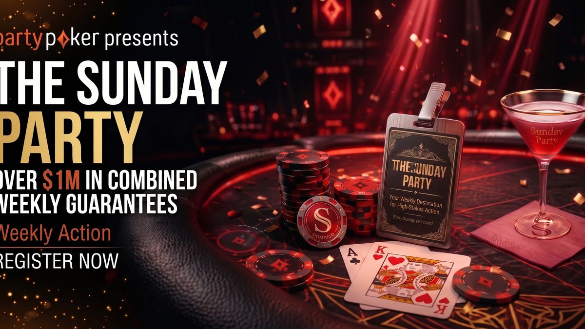 Promo de The Sunday Party de partypoker: fichas de póker, cartas, cóctel e um pote semanal de $1M em garantias.