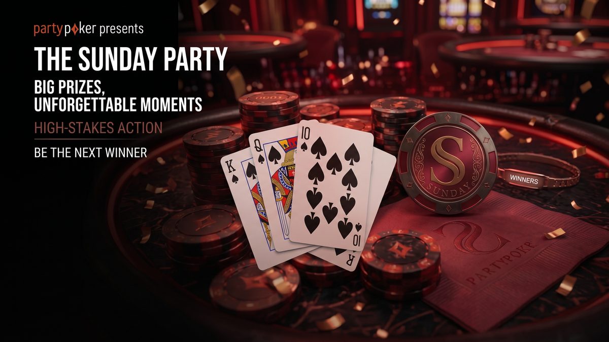 Anúncio de 'The Sunday Party' do partypoker.com. Mesa de póker com cartas (sequência de espadas), fichas e pulseira 'Winners'.