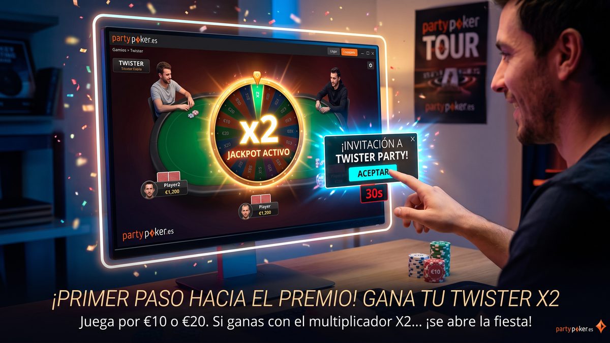 Gana €1.000 em PartyPoker.es. Homem joga Twister, ativa X2 jackpot e aceita convite para o Twister Party.