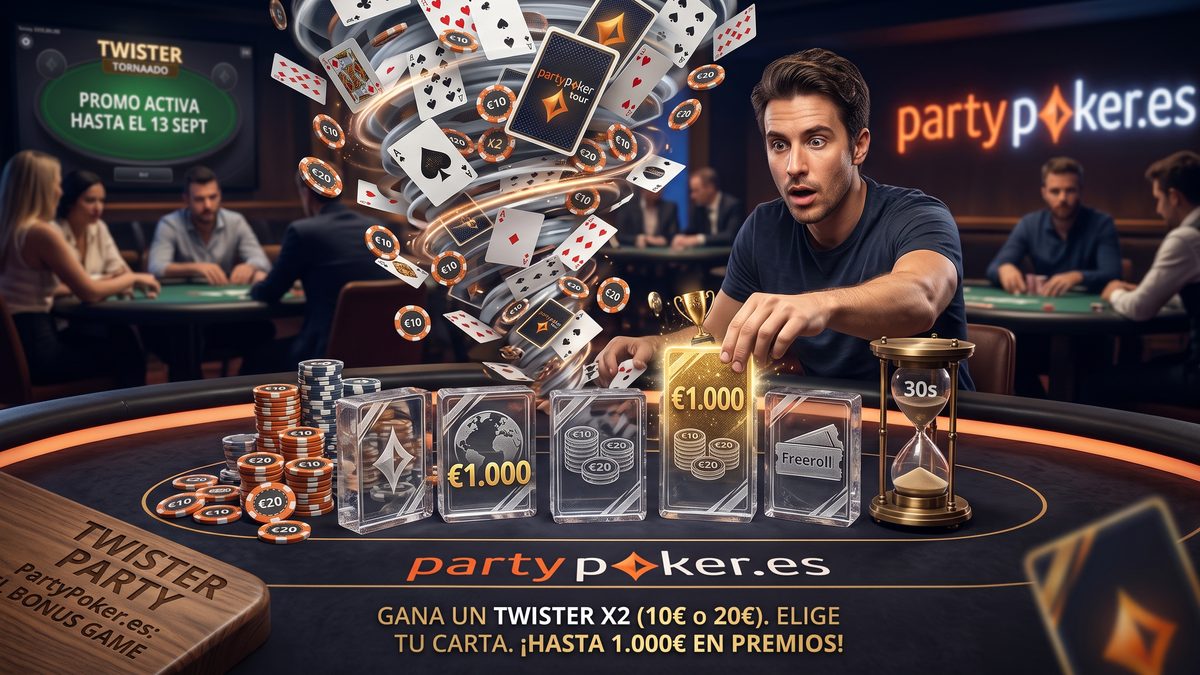 Homem surpreso na PartyPoker.es ganhando no Twister Party. Cartas e fichas voando, prêmios de até €1.000.