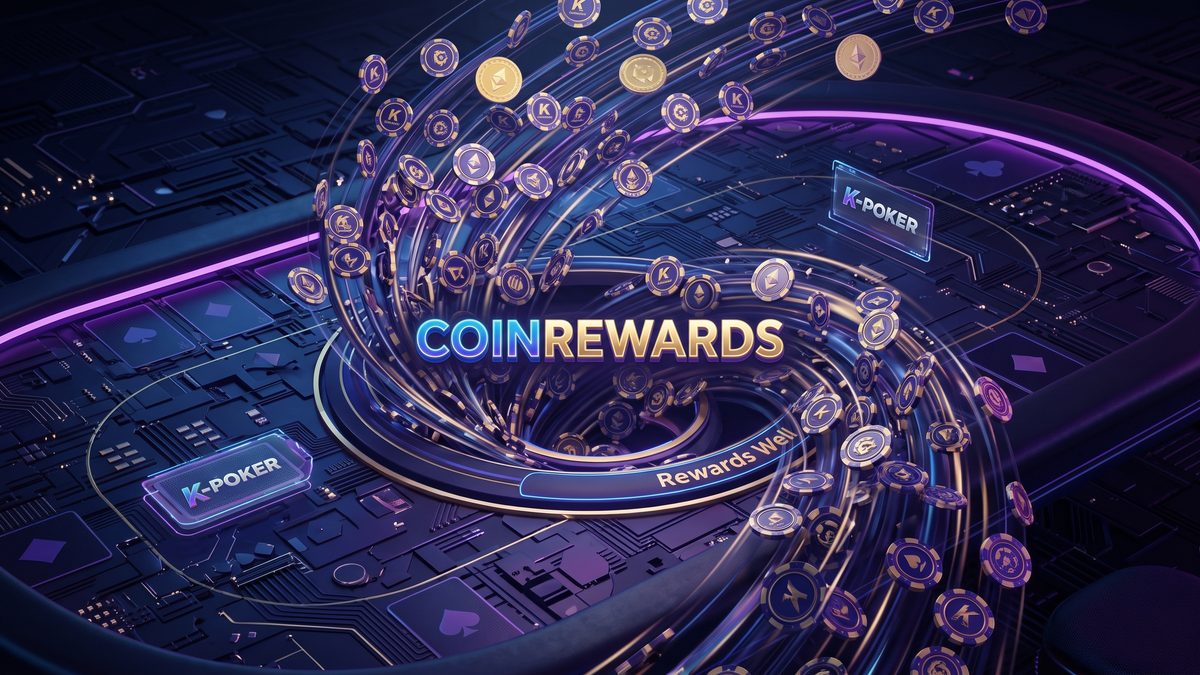Gráfico de CoinRewards e K-Poker: fichas de criptomoeda e pôquer em uma plataforma digital de fidelidade.