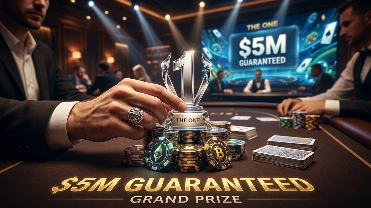 Torneo de póker The One en CoinPoker con $5M garantizados. Trofeo y fichas de criptomonedas.