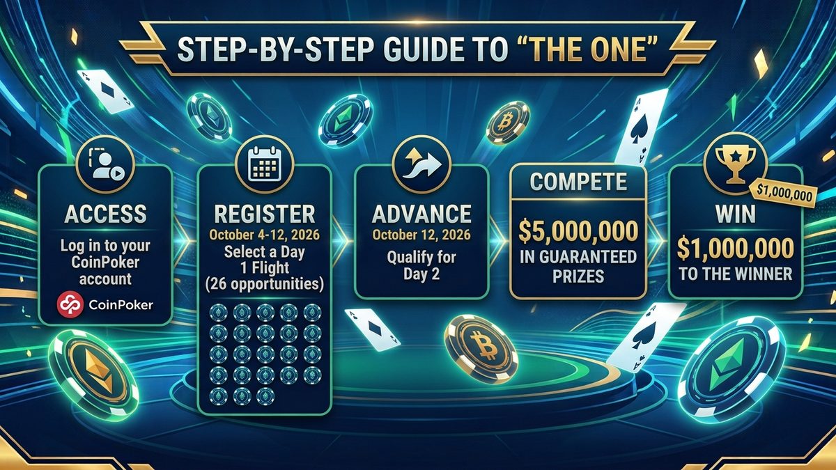 Guía paso a paso para 'The One' en CoinPoker: Acceder, registrar, avanzar y ganar premios de $5M, incluyendo $1M al ganador.