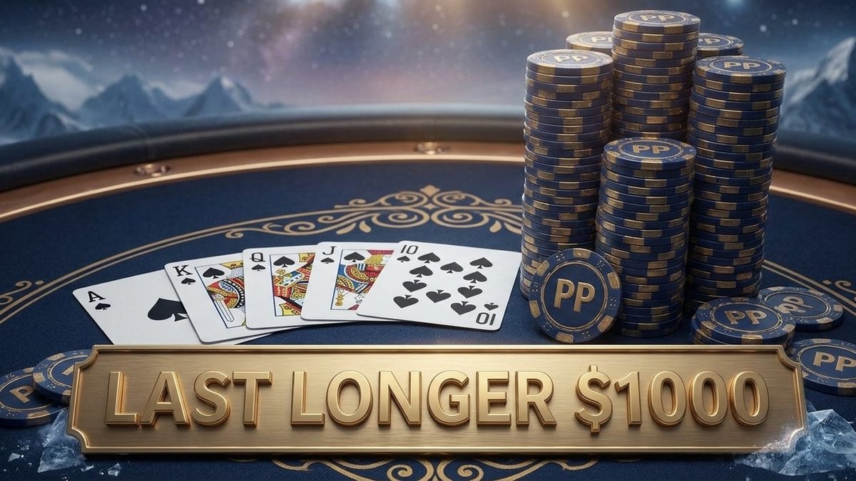 Last Longer $1000 en PokerPlanets: mesa de póker con escalera real de picas y fichas PP.