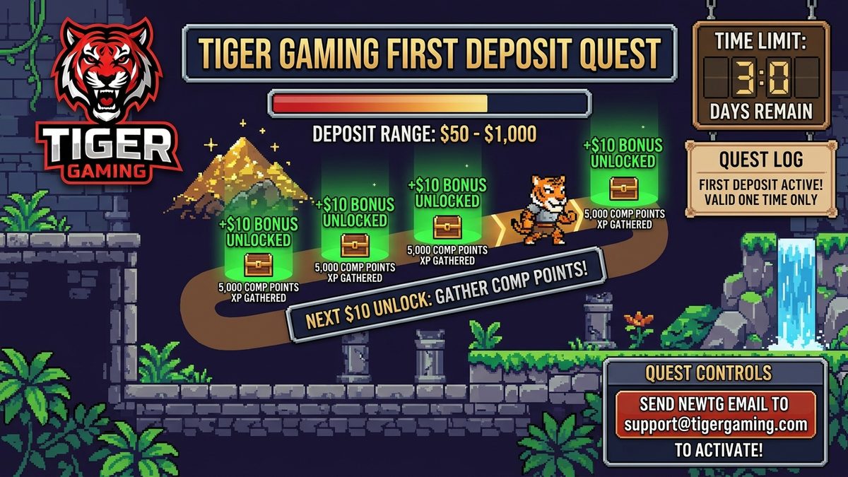 Bono de primer depósito Tiger Gaming: quest de $10 por tramo. Recoge recompensas en una aventura pixelada.