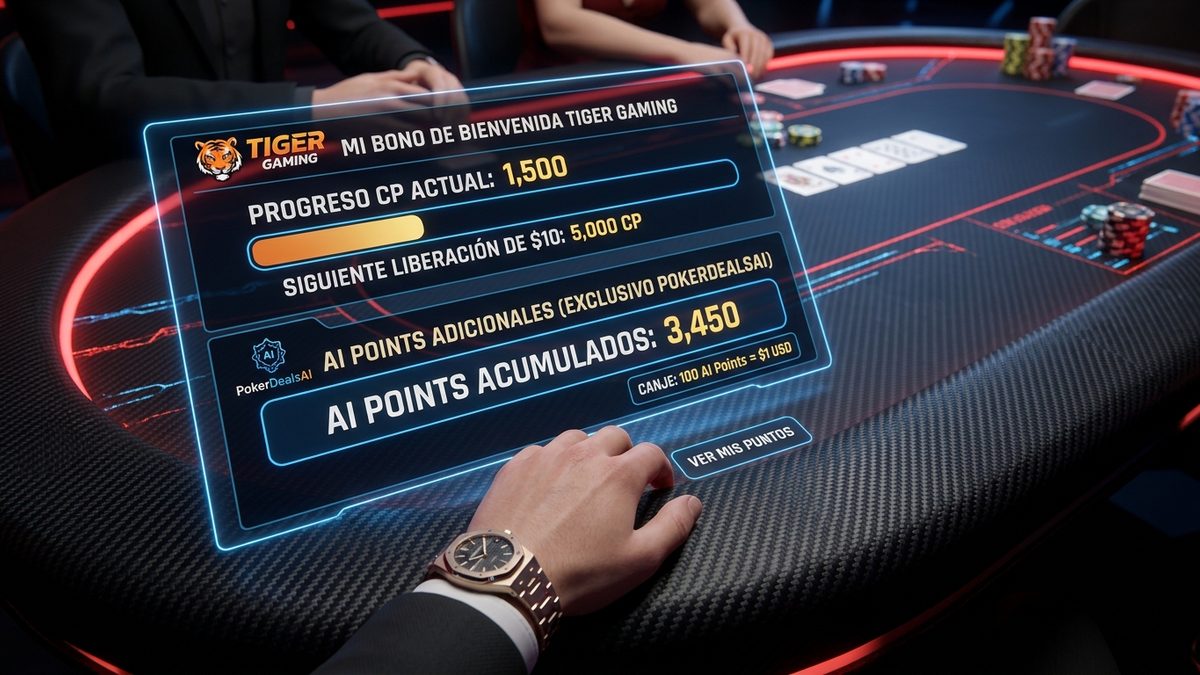 Pantalla holográfica de Tiger Gaming con bono de bienvenida, progreso de CP y AI points acumulados en mesa de poker.