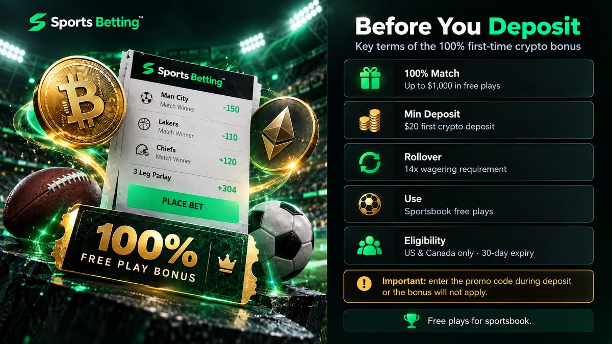 100% 1st Time CRYPTO Bonus de Sports Betting: hasta $1.000 en sports-betting
