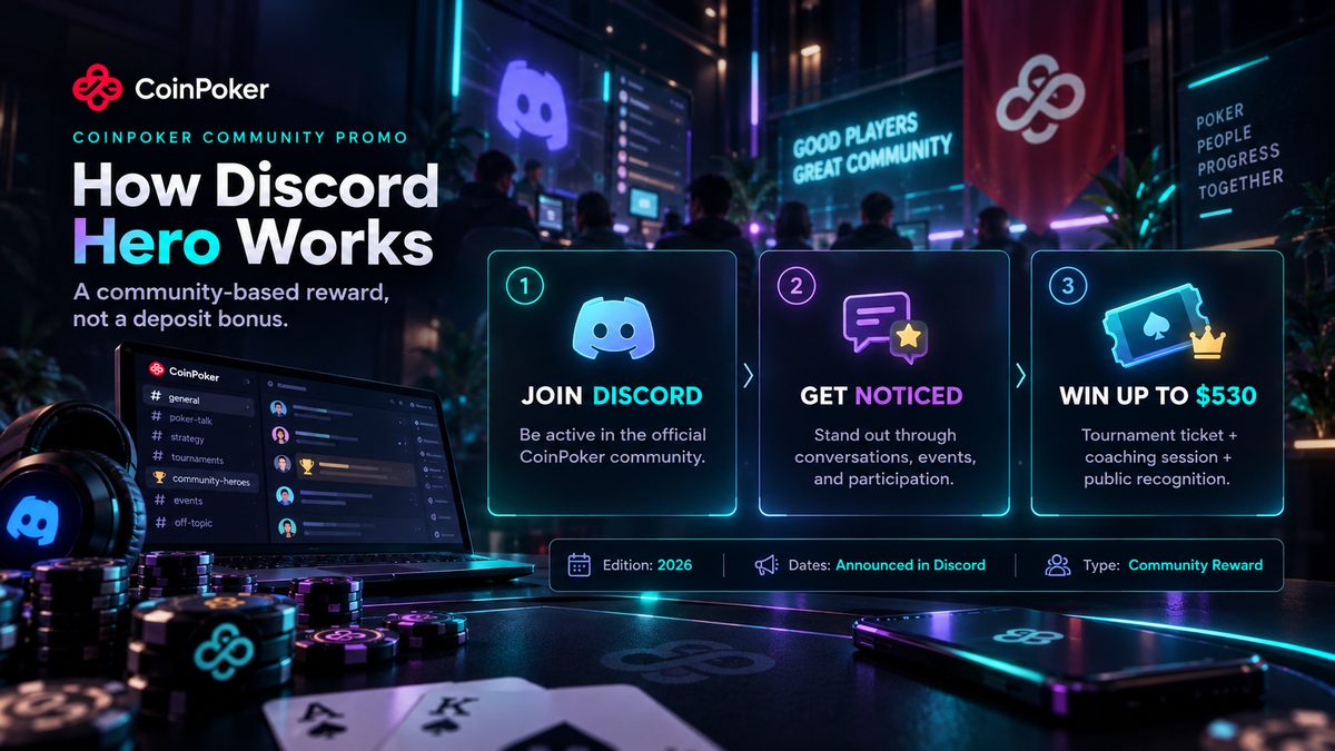 CoinPoker Discord Hero: tutorial de recompensas comunitarias de hasta $530. Únete, participa y gana en la comunidad.