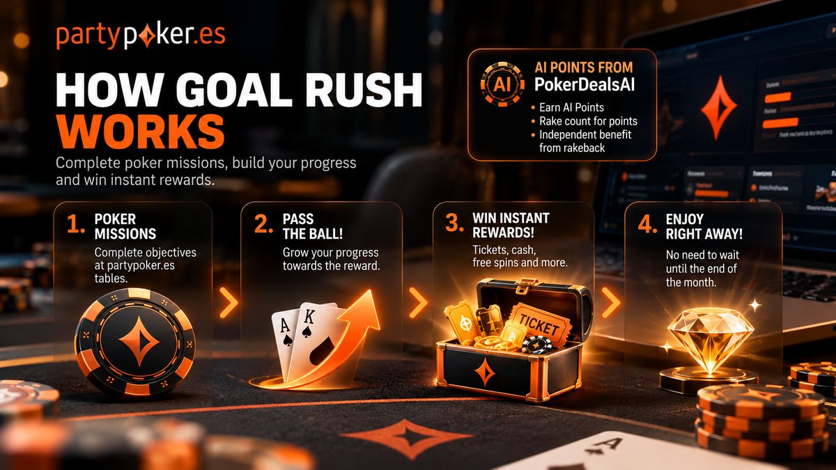 Cómo funciona Goal Rush de partypoker.es: completa misiones de póker y gana recompensas instantáneas.