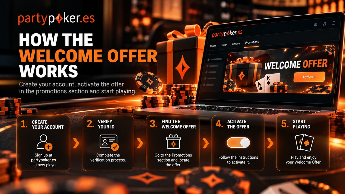 Bono de bienvenida PartyPoker.es: 'WELCOME' en fondo naranja, con cartas de póker, fichas y confeti dorado.