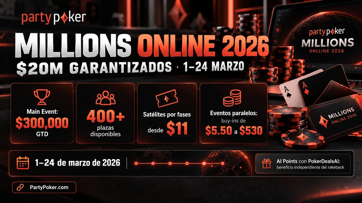 Main Event MILLIONS Online 2026: $300K GTD Main Event de MILLIONS Online 2026 en PartyPoker con $300,000 garantizados y satélites desde $11