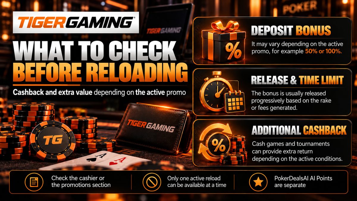 Bonos reload de Tiger Gaming para jugadores con cuenta activa: bono porcentual y cashback por rake