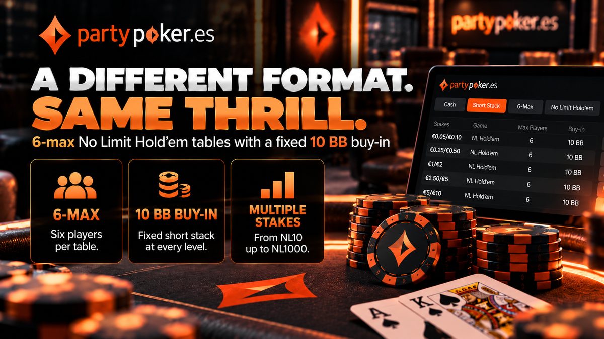 partypoker.es: Mesas Short Stack de No Limit Hold'em 6-max con buy-in de 10 BB y diversos niveles de apuesta.